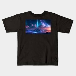 Futuristic city with beautiful sky landscape Kids T-Shirt